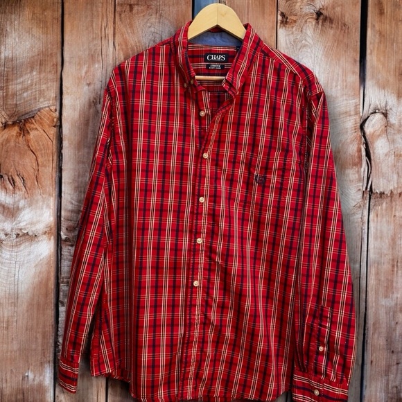 Chaps Easy Care Red/Navy Plaid‎ Button-Down Long Sleeve Pocketed Men’s XL Shirt - Picture 1 of 5
